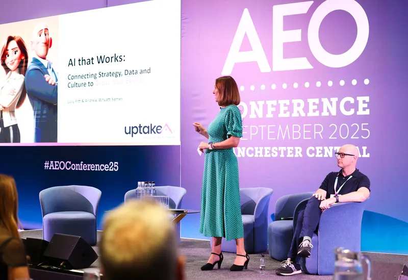 Lucy Pitt presenting with Andrew Whyatt-Sames at the AEO Conference 2025