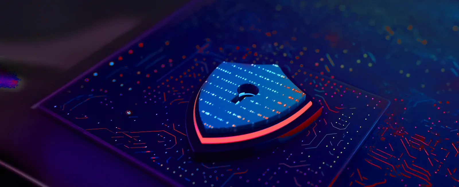 A shield on a circuit board, representing data security
